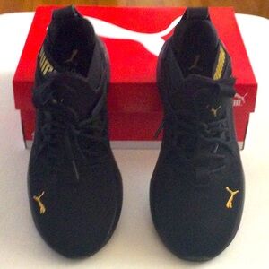 Puma Softride Enzo NXT Shine Black and Gold Sneakers 8.5